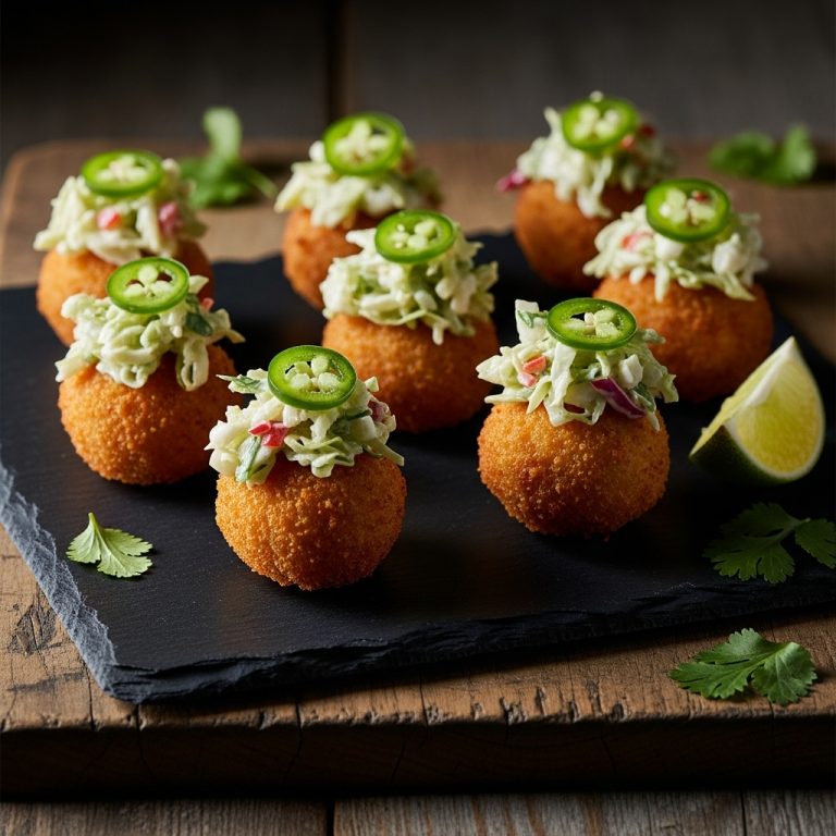 Smoky Deviled Crab Bites with Crispy Jalapeño Slaw